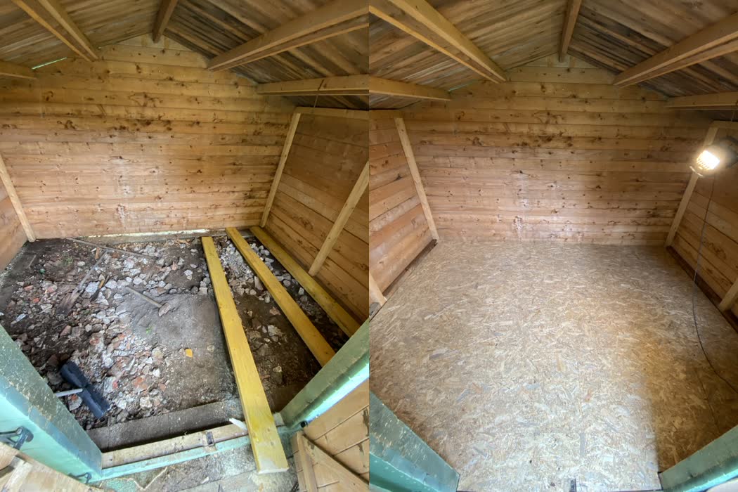 Abri de jardin : sol en gravats, puis plancher neuf