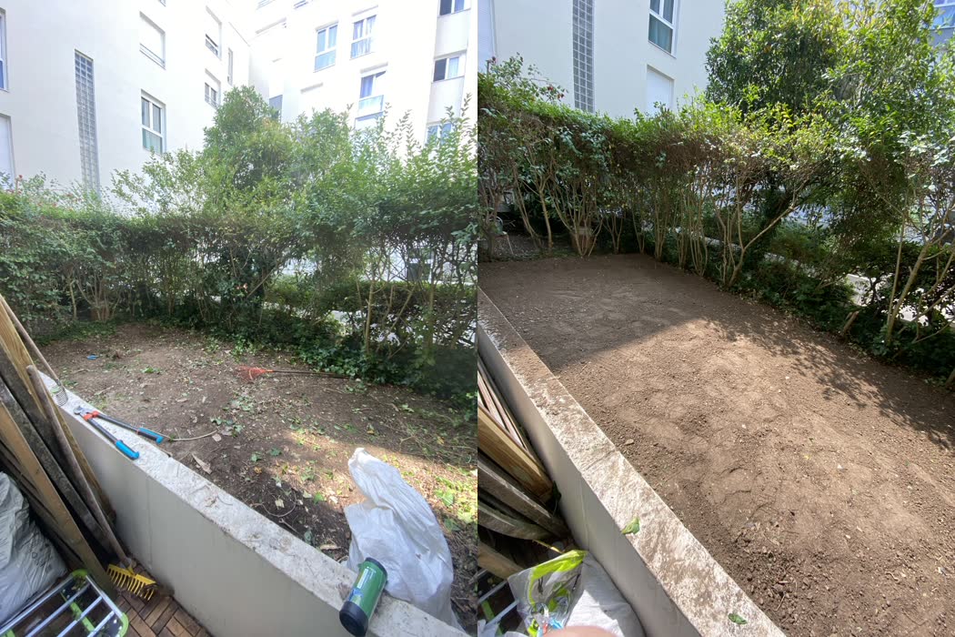 Parterre envahi par les herbes, puis désherbé